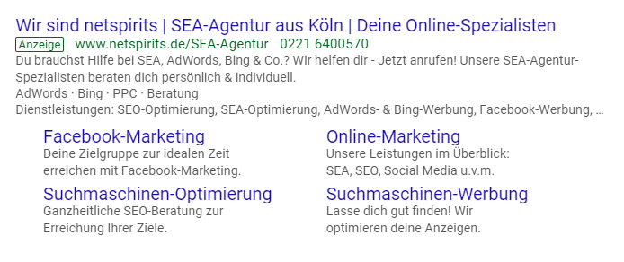 Mögliche Anzeigenerweiterungen bei Google Ads Anzeigenerweiterungen bei Google Ads