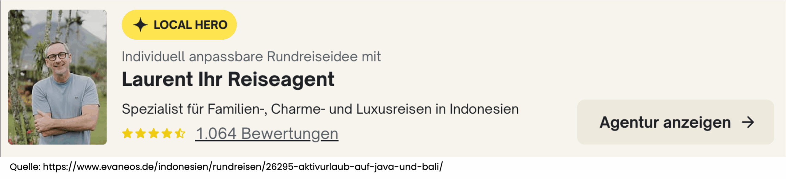  Beispiel eines Expertenprofils mit Spezialisierung, Bewertungen und klarer Positionierung als Reiseagent.