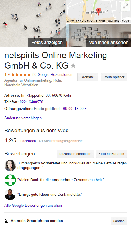 Lokales Suchergebnis für netspirits bei Google My Business