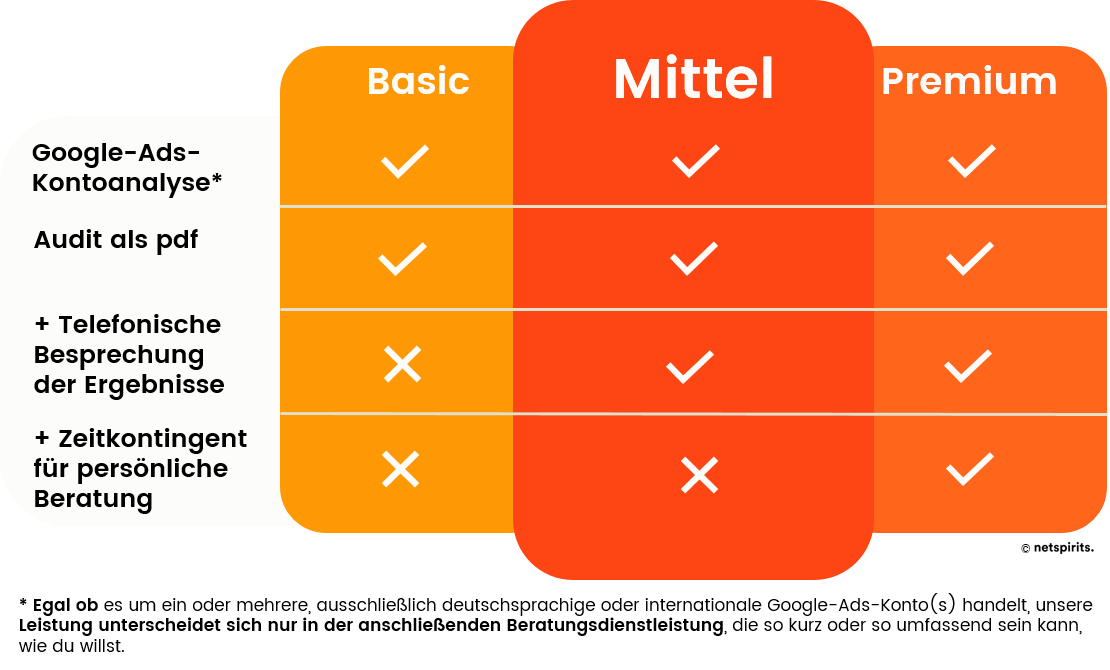 Unser Auditangebot unterscheidet sich in Fragen der Beratungsleistung. Preismodell Google-Ads-Audits von netspirits