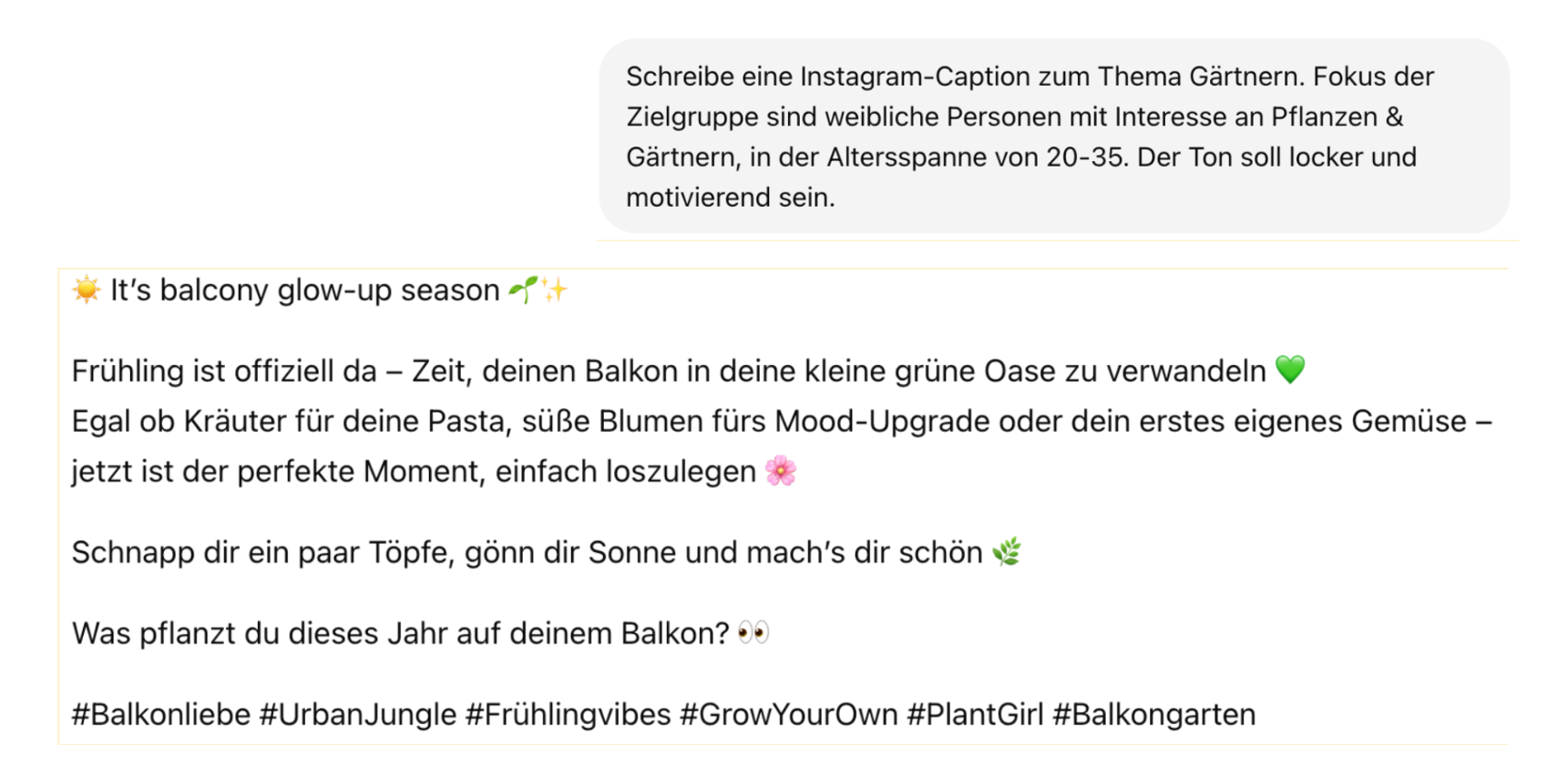 Prompt zur Erstellung einer Caption für Instagram mit Zielgruppenangabe sowie KI-generierte Caption