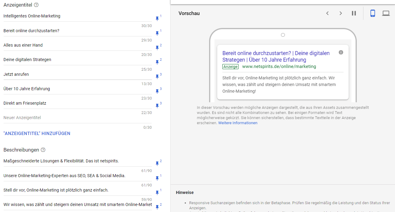 Mobile Ansicht der Einrichtung von responsiven Suchanzeigen Einrichtung von responsiven Suchanzeigen