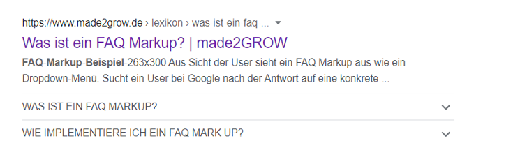 Snippet-Beispiel: Rich Snippet mit FAQ Markup Rich Snippet mit FAQ Markup