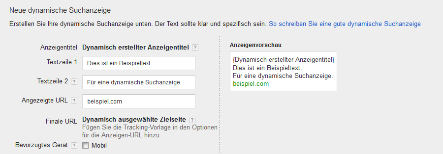 Aufbau einer dynamischen Suchanzeige bei Google Ads Format einer dynamischen Suchanzeige bei Google Ads