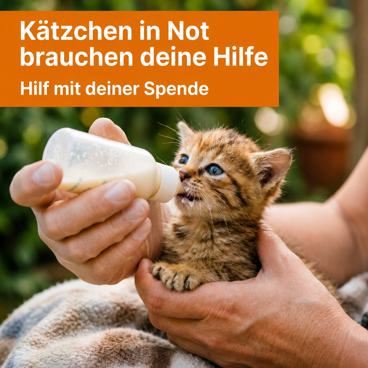 KI-generiertes Bild: Nahaufnahme eines kleinen Kätzchens, das von einer Person mit einer Flasche gefüttert wird. Mit eingeblendetem Text „Kätzchen in Not brauchen deine Hilfe“ sowie der Spendenaufruf „Hilf mit deiner Spende!“.