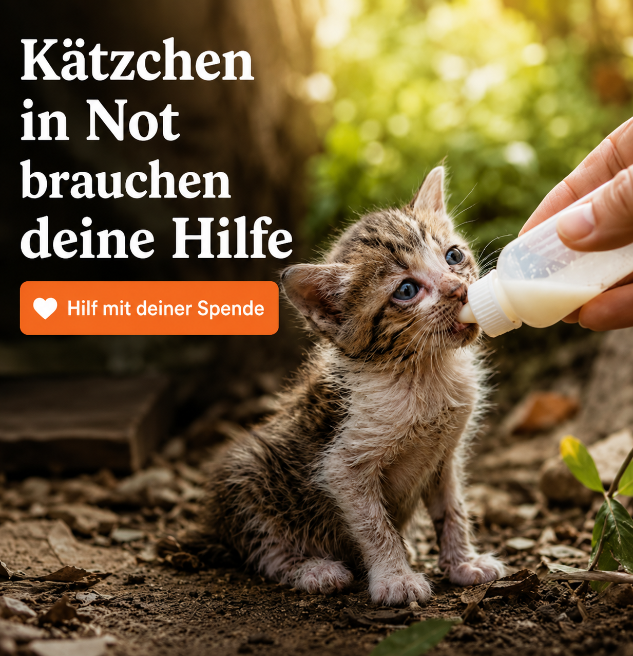  KI-generierte Nahaufnahme eines kleinen Kätzchens, das mit einer Flasche gefüttert wird, mit eingeblendetem Text „Kätzchen in Not brauchen deine Hilfe“ und Call-to-Action „Hilf mit deiner Spende!“
